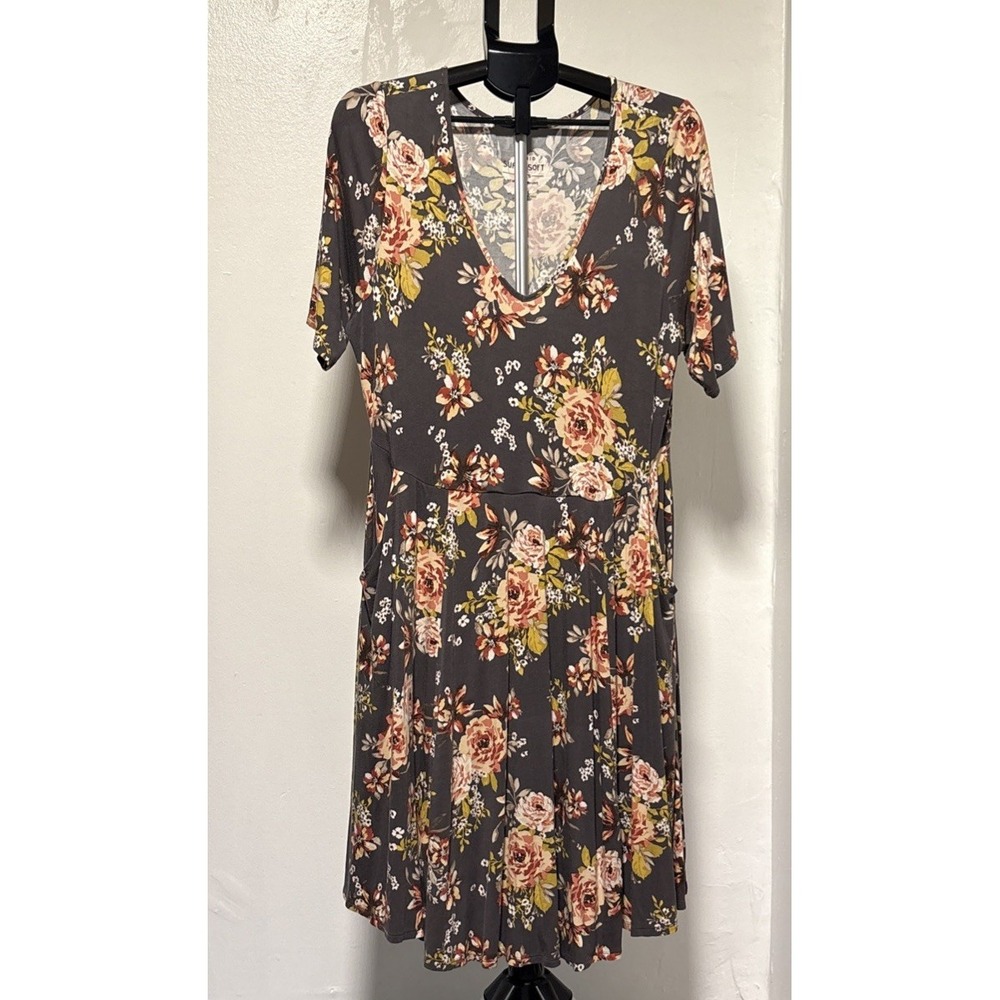Torrid Super Soft Knits Floral V-Neck Empire Waist Pocket Dress Grey Pink 1 1X